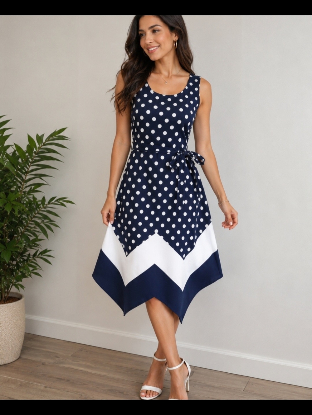 Enfocus Studio Navy Polka Dot Midi Dress with White Chevron Hem